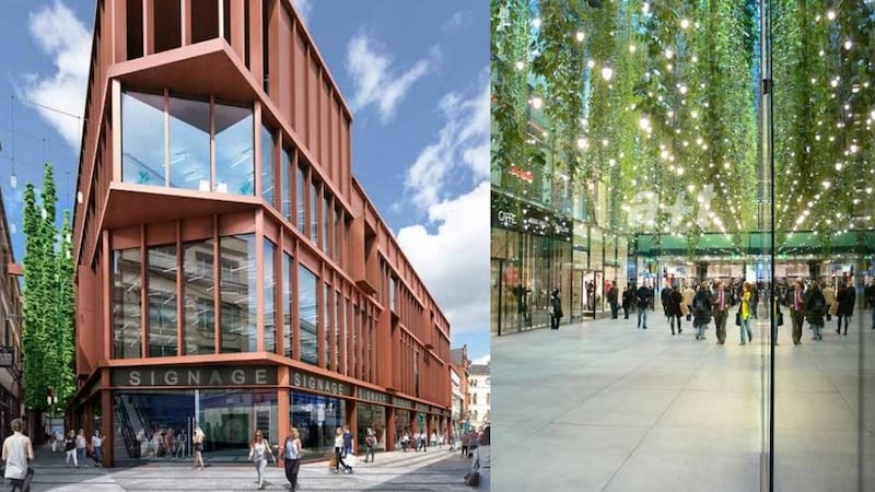 A digitally rendered impression of how the former BHS building would look under the new Alterity proposal (left) and the regeneration proposal for Castle Arcade (right).