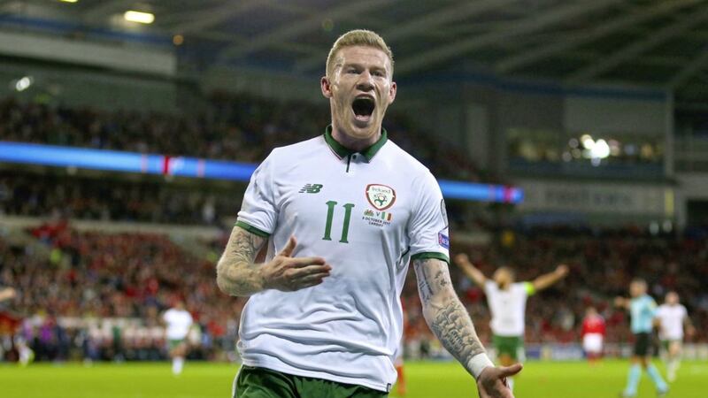 Republic of Ireland's James McClean celebrates scoring his side's first goal - and winner - in last night's World Cup Qualifying Group D clash with Wales at the Cardiff City Stadium, Cardiff<br />Picture by PA<br />&nbsp;