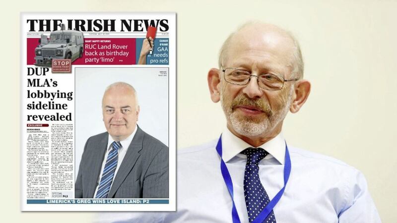 Former Stormont standards commissioner Douglas Bain, and inset, how The Irish News revealed DUP MLA Trevor Clarke&#39;s planning consultancy business 