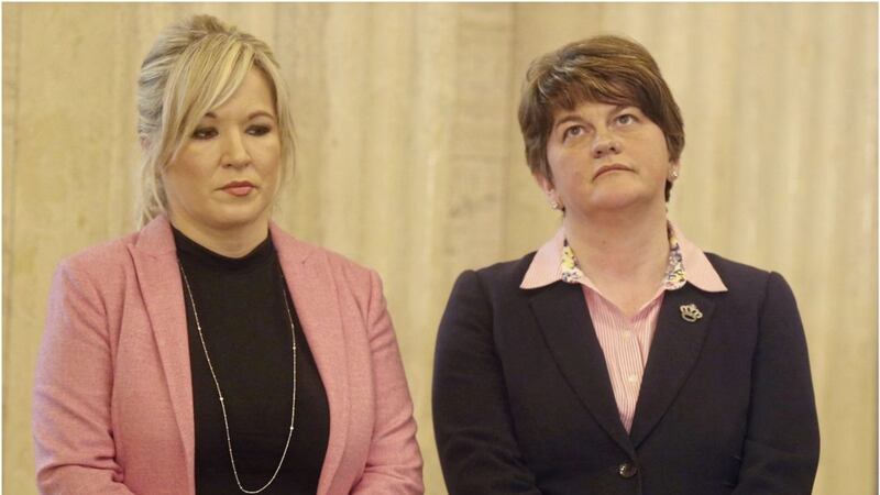 DUP leader Arlene Foster pictured at Stormont with Sinn F&eacute;in northern leader, Michelle O'Neill