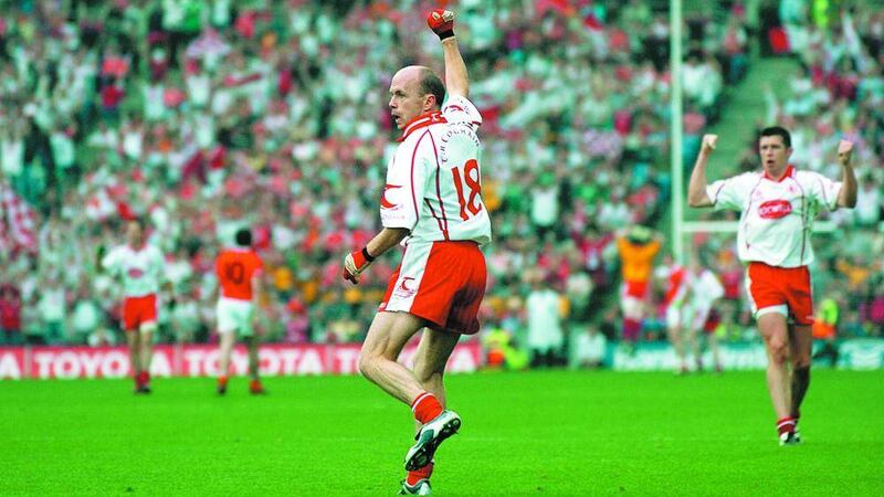 Tyrone&#39;s Peter Canavan celebrates scoring a late free-kick against Armagh in the 2005 All-Ireland SFC semi-final 