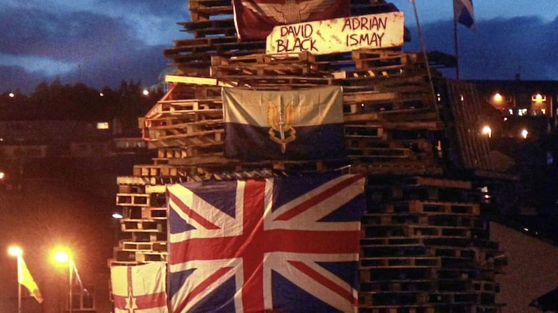 The names of murdered PSNI officers and prison officers were placed on a bonfire in Derry&#39;s Bogside. Picture: Margaret McLaughlin 