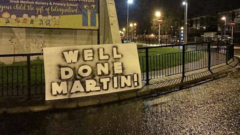 A sign at Free Derry Corner following Martin McGuinness&#39;s resignation 