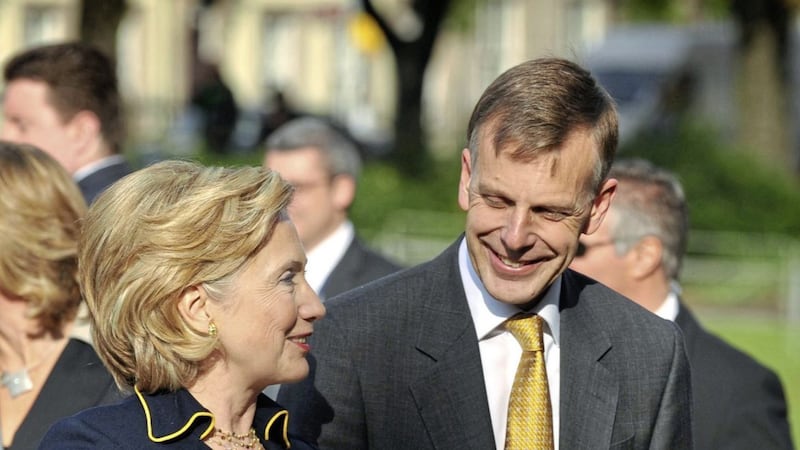 Hillary Clinton meeting former Queen&#39;s Vice-Chancellor Professor Peter Gregson during a previous visit 