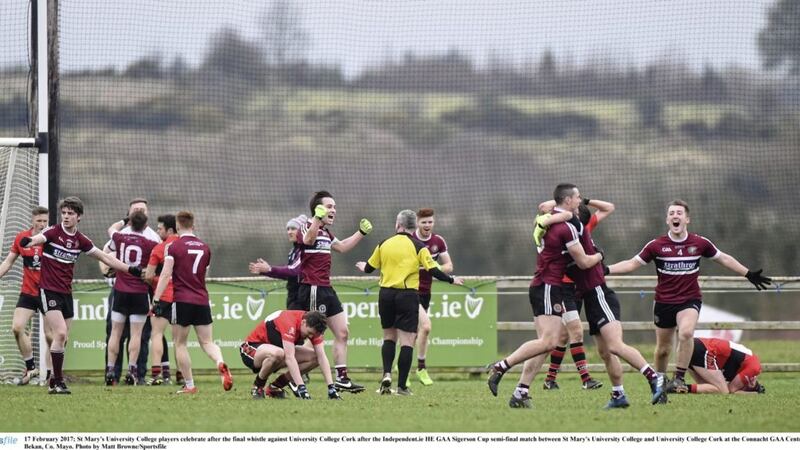 St Mary's University College players celebrate after the final whistle of their Sigerson semi-final<br />Picture by Matt Browne/Sportsfile