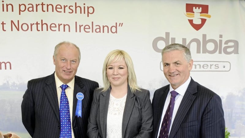 TOGETHER DAYS: Jack (left) and Jim Dobson from Dunbia pictured with then-agriculture minister Michelle O&#39;Neill. The Dobsons have both now severed links with the business they created in 1976 