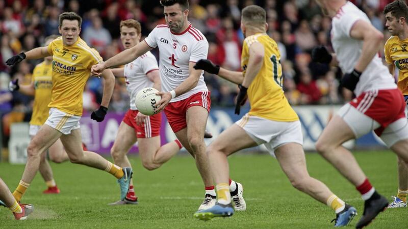Tyrone's Tiernan McCann scored the first goal of the game against Antrim.<br /> Picture Seamus Loughran