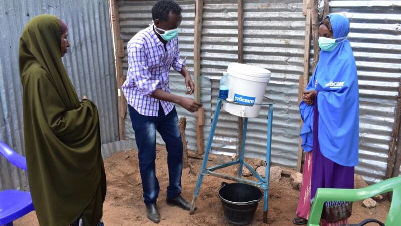 Handwashing at Akara Health Centre in Somalia as part of Covid-19 prevention activities. Picture by Tr&oacute;caire<br /><br />&nbsp;