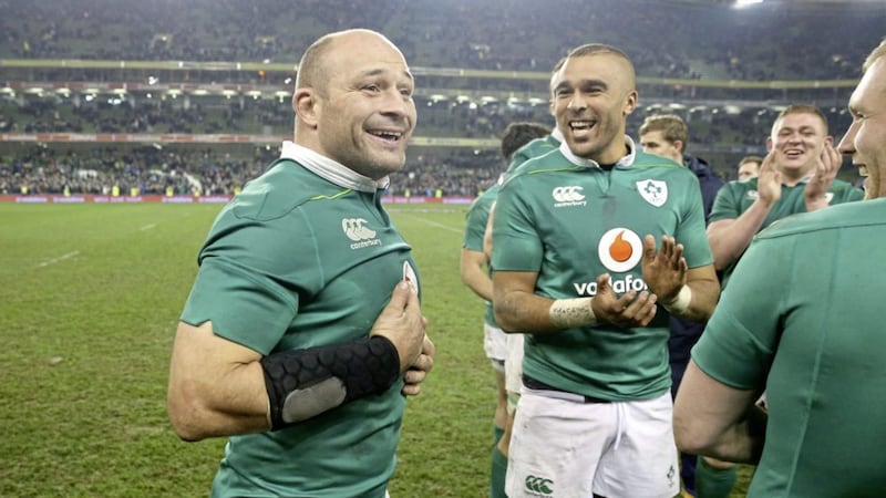               Ireland&#39;s captain Rory Best celebrates with teammates after the Autumn International match at the Aviva Stadium, Dublin. PRESS ASSOCIATION Photo. Picture date: Saturday November 26, 2016. See PA story RUGBYU Ireland. Photo credit should read: Brian Lawless/PA Wire. RESTRICTIONS: Editorial use only, No commercial use without prior permission             