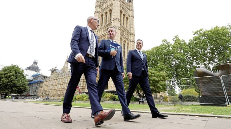 Trade NI leaders Colin Neill, Hospitality Ulster; Stephen Kelly, Manufacturing NI and Glyn Roberts, Retail NI, during their last major political engagement at Westminster in September 2019. Picture by Kelvin Boyes/Press Eye. 
