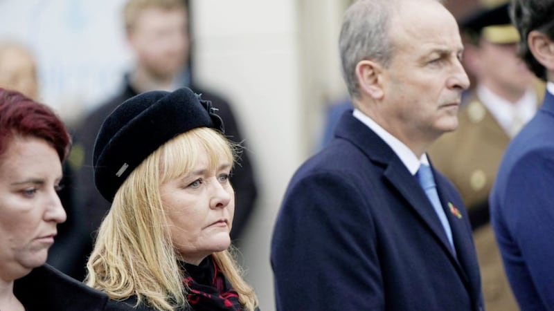 Education Minister Michelle McIlveen and Taoiseach Miche&aacute;l Martin during the Remembrance Sunday service at the Cenotaph in Enniskillen. Picture: Niall Carson/PA Wire 