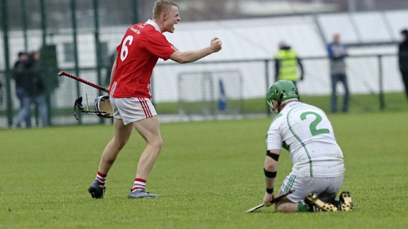 Craobh Rua player Oisin O&#39;Hare celebrates at the end of the 2021 Ulster GAA Hurling Junior Championship Semi Final between Con Magee Glenravel and Craobh Rua at Davitt&#39;s, Belfast Picture: Philip Walsh. 