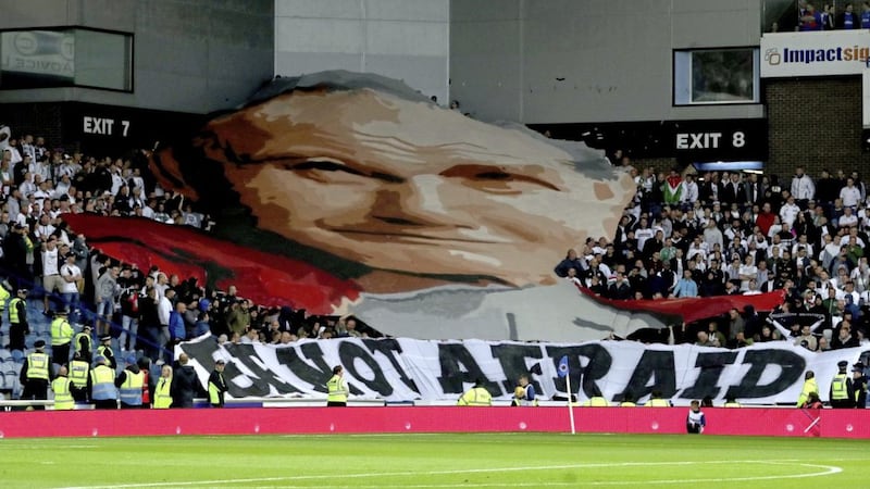 Legia Warsaw fans unveil a banner of Pope John Paul II and one that reads &#39;Be Not Afraid&#39; during the UEFA Europa League match at Ibrox Stadium, Glasgow. Picture by Jane Barlow/PA Wire 