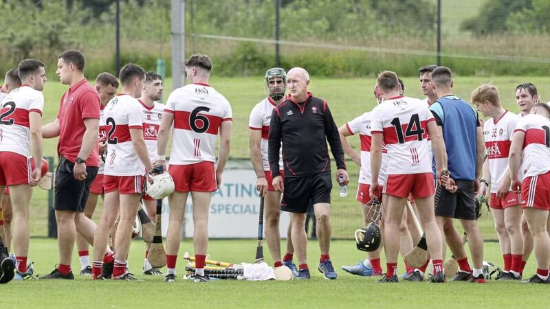 Derry joint managers Cormac Donnelly and Dominic McKinley with the team after beating Wicklow during the Christy Ring Cup match played at Owenbeg on Saturday 10th July 2021. Picture Margaret McLaughlin. 