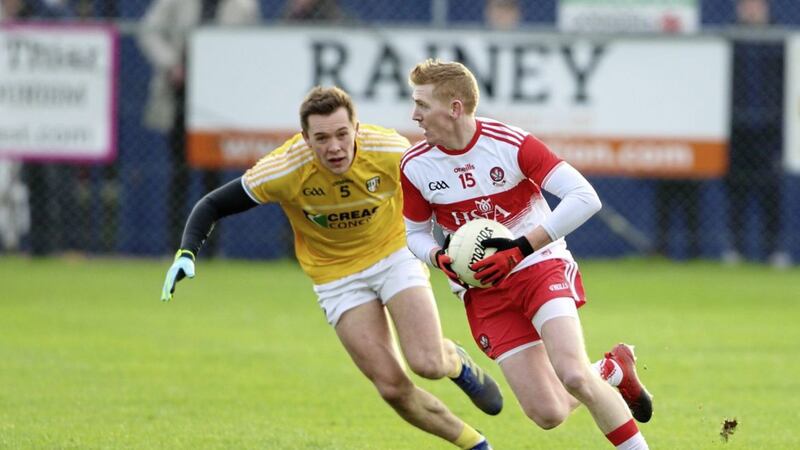Antrim's Niall Delargy in action against Derry during their Division Four opener at Corrigan Park in January.<br /> Picture by Cliff Donaldson
