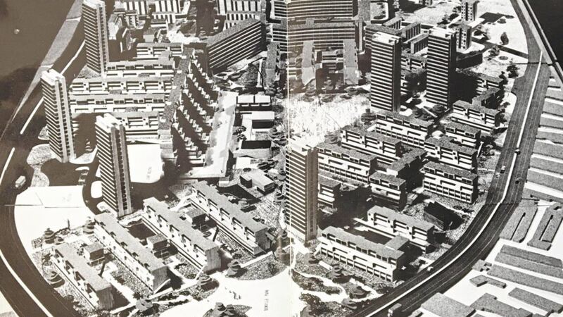 A housing master plan, entitled `The Model of Cullingtree Road/Grosvenor Road Redevelopment Area&#39;, proposed seven huge tower blocks sitting amongst numerous blocks of flats in a sprawling Divis estate 