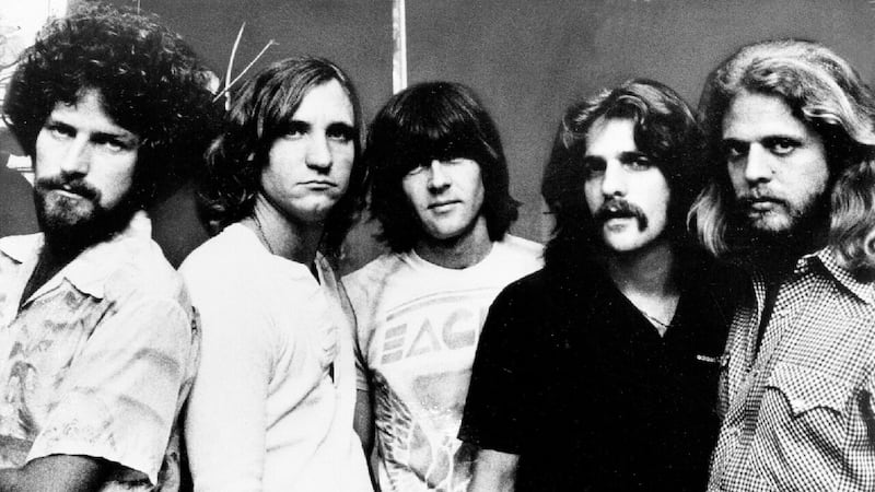 The Eagles, from left, drummer Don Henley, guitarist Joe Walsh, bass Randy Meisner, and guitarists Glenn Frey and Don Felder are seen here on Nov. 6, 1977, five years after the release of their self-titled debut in 1972. (AP Photo)