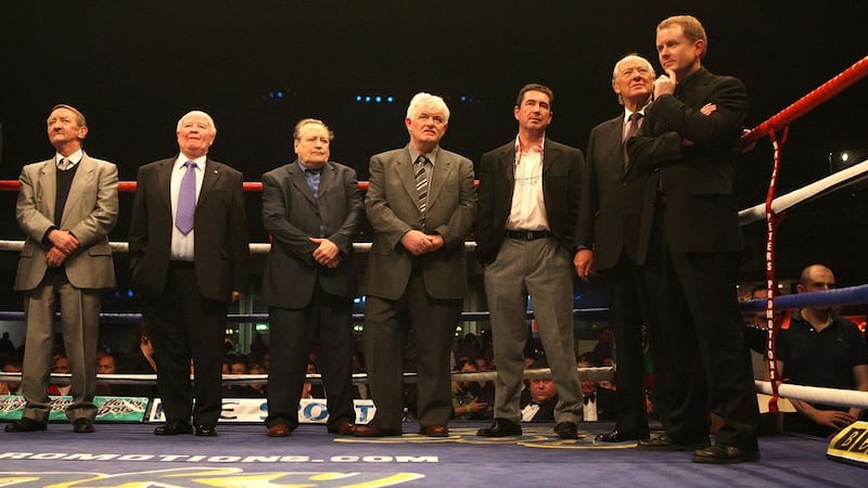 Legends of the Ring: Dave &quot;Boy&quot; McAuley, World flyweight champion (fifth from left) with other fight legends including John Caldwell,World bantamweight champion, Freddie Gilroy, European and British Empire bantamweight champion, John Kelly, former European,British and Empire champion,with boxing promoter Barney Eastwood, who all received awards in recognition of their contribution to boxing  from  promoter Brian Peters (right). Picture by Ann McManus.&nbsp;