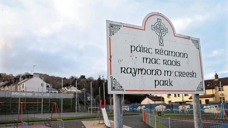The banner has been erected in the children&#39;s play park in Newry which is named after Raymond McCreesh. Picture by Mal McCann 