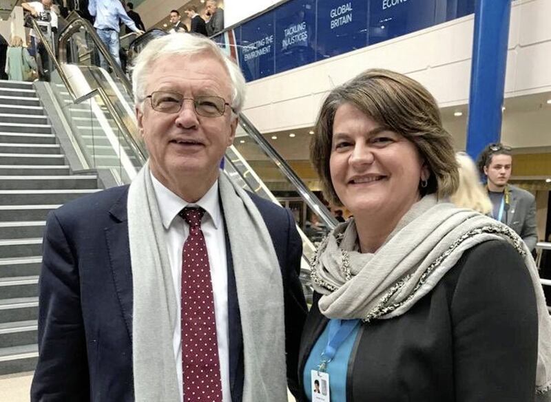 Arlene Foster at the Tory party conference in Birmingham with former Brexit secretary David Davis  