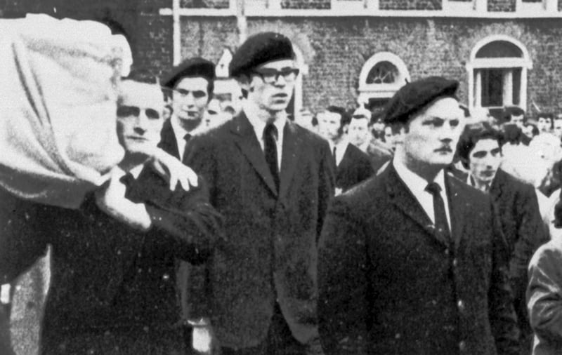 An undated picture of Gerry Adams (centre) in Belfast, acting as a member of the IRA guard of honour at the funeral of a member who was killed whilst planting a bomb&nbsp;
