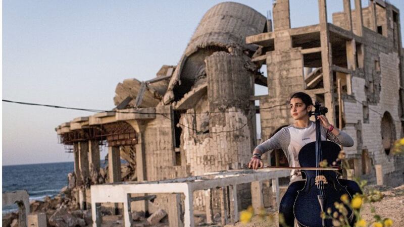 Cellist Karma in scene from new documentary Gaza 