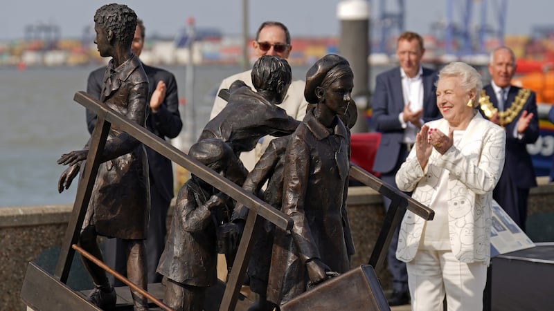 The bronze statue, in Harwich in Essex, depicts five children descending from a ship’s gangplank.