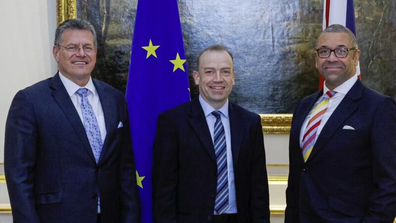 (L-R) European Commission vice-president Maros Sefcovic with Secretary of State Chris Heaton-Harris and British Foreign Secretary James Cleverly. Picture from Twitter 