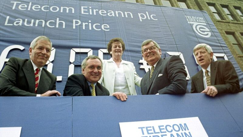 At the launch of the Telecom Eireann share offer price in Stephens Green in Dublin in 1999 were (l-r) Charlie McCreevy, Minister for Finance; Taoiseach Bertie Ahern; Minister for Public Enterprise, Mary O&#39;Rourke; Chairman of Telecom Eireann, Ray MacSharry and Chief Executive of Telecom, Alfie Kane. Picture: RollingNews.ie 