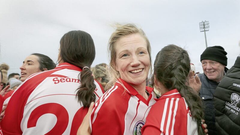 Loughgiel&#39;s Charlene Campbell celebrates after beating Slaughtneil during the Ulster Senior Camogie Club Championship final at Pairc Esler, Newry Picture: Margaret McLaughlin.. 