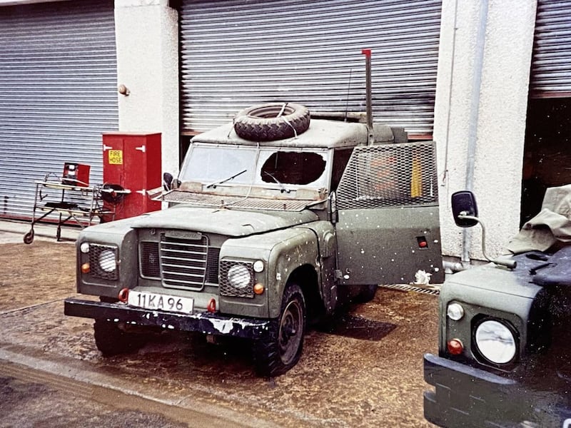 Damage to an army landrover that Andrew Rawding was in when it was hit with a Mk12 mortor in Lurgan in 1992. 