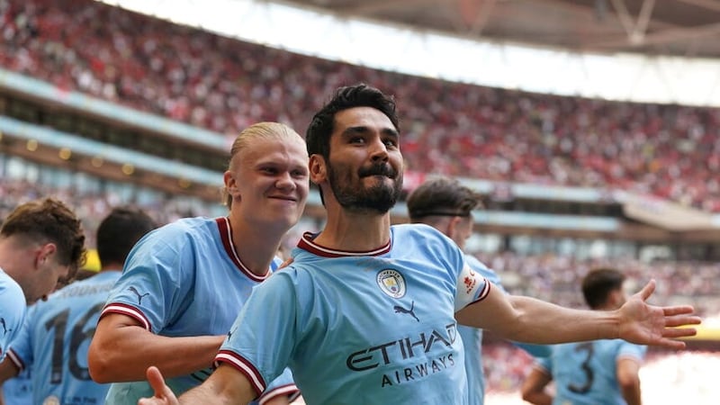 Manchester City’s Ilkay Gundogan (right) scored both his side’s goal in the FA Cup final win over Manchester United (Adam Davy/PA)