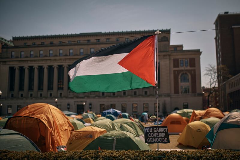 A Palestinian flag at the encampment at Columbia University (Andres Kudacki/AP)