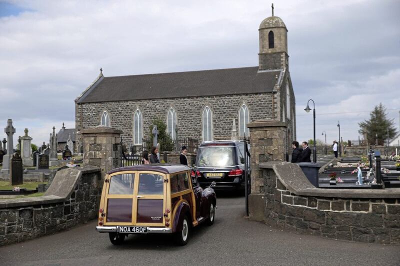 PACEMAKER,BELFAST,7/5/2020: As the funeral cortege of John Dallat arrives at St Mary&#39;s church outside Kilrea in Co. Derry it is followed by the former SDLP MLA&#39;s favourite car, a Morris Minor Traveller..PICTURE BY STEPHEN DAVISON. 