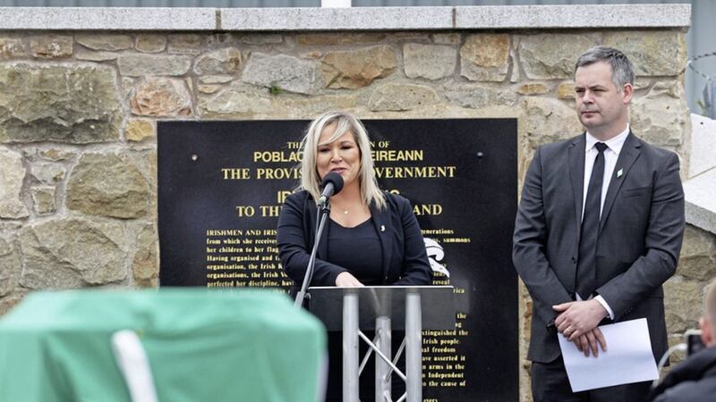 Michelle O&#39;Neill speaking in Milltown Cemetery during the funeral 