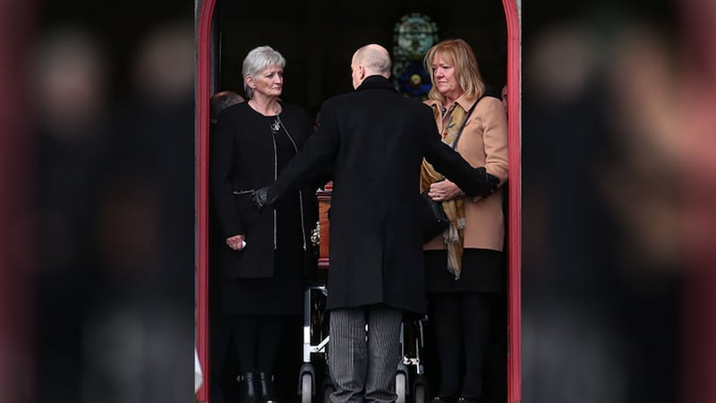 Bobby Sands' sisters Marcella and Bernadette beside the coffin of their mother Rosaleen (95) at the funeral in St Oliver Plunkett's Church, Blackrock, Co Louth. Picture by Mal McCann<br />&nbsp;