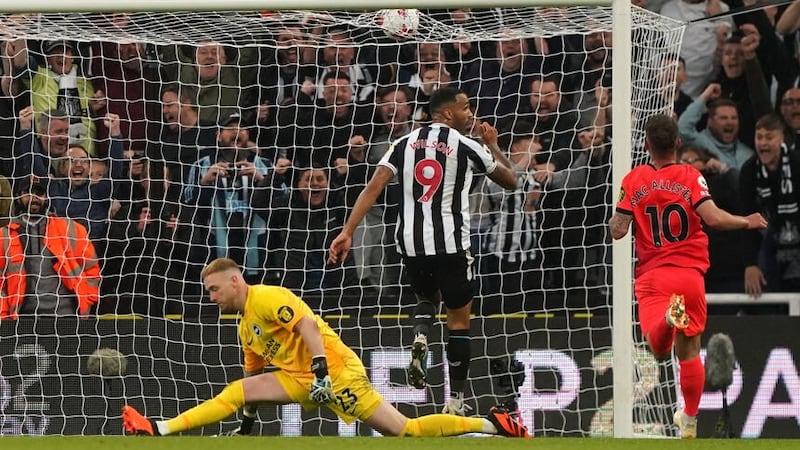 Striker Callum Wilson (centre) scores Newcastle’s third goal against Brighton (Owen Humphreys/PA)