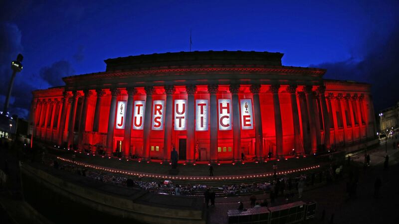 St George's Hall in Liverpool is illuminated following a special commemorative service to mark the outcome of the Hillsborough inquest, which ruled that 96 Liverpool fans who died as a result of the Hillsborough disaster were unlawfully killed. Picture from Peter Byrne/PA Wire.&nbsp;