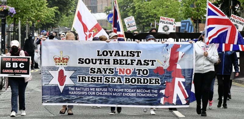 An anti-protocol march through the Donegall Road area of south Belfast last night. Picture by Alan Lewis/Photopress 
