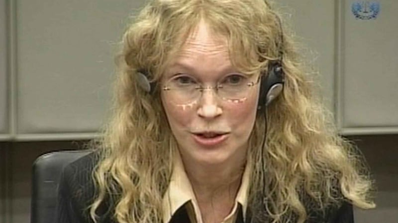 Actress Mia Farrow is seen in this image taken from TV at the UN-backed Special Court for Sierra Leone in Leidschendam, Netherlands in 2010. Picture by Special Tribunal for Sierra Leone, via APTN/ Associated Press