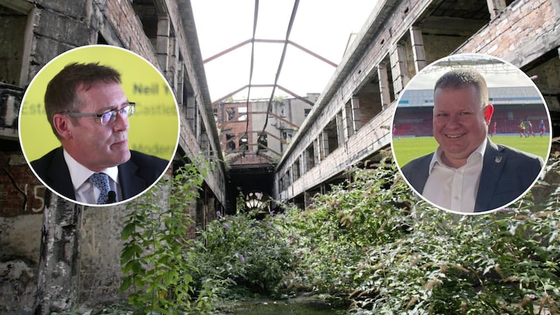 The derelict North Street Arcade, which lies in the centre of the Tribeca site in Belfast. Inset is Castlebrooke's Neil Young and Revcap's Andrew Pettit (right).