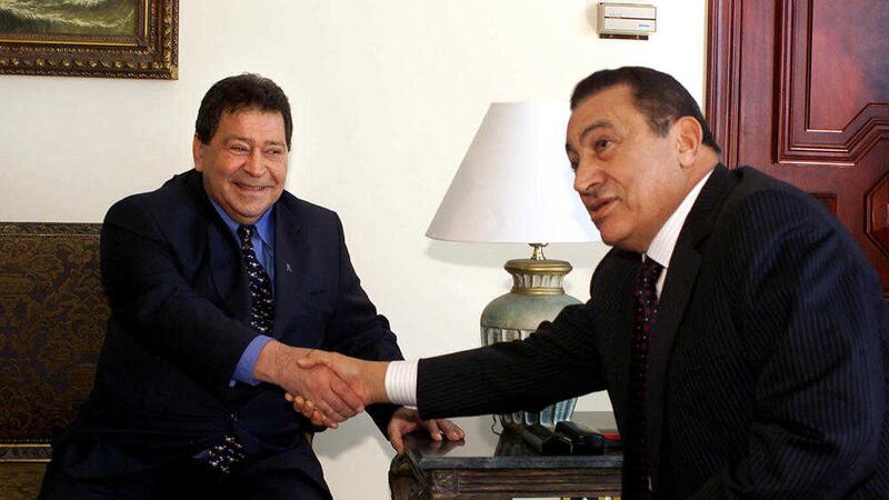 Egyptian President Hosni Mubarak, right, shakes hands with Israeli Defense Minister Binyamin Ben-Eliezer before their meeting in the Egyptian resort of Sharm el-Sheik in 2002. Mr Ben Eliezer died on Sunday. Picture by Amr Nabil, Associated Press, File 
