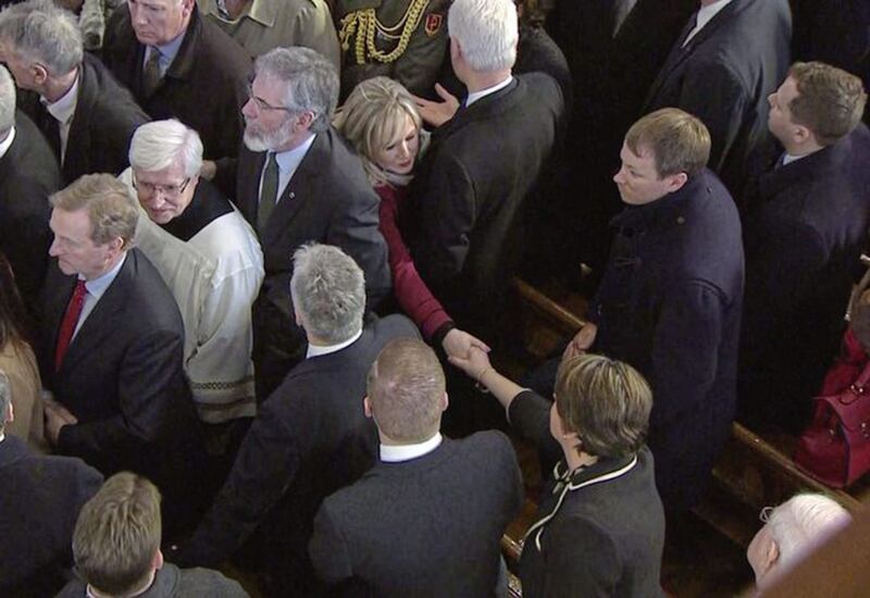 Sinn F&eacute;in leader in the north Michelle O&#39;Neill shakes hands with DUP leader Arlene Foster. Picture from Darran Marshall, BBC 