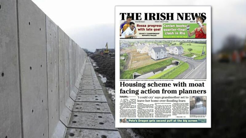 The new flood wall near Coalisland, and inset, how The Irish News reported on concerns over a new housing development 