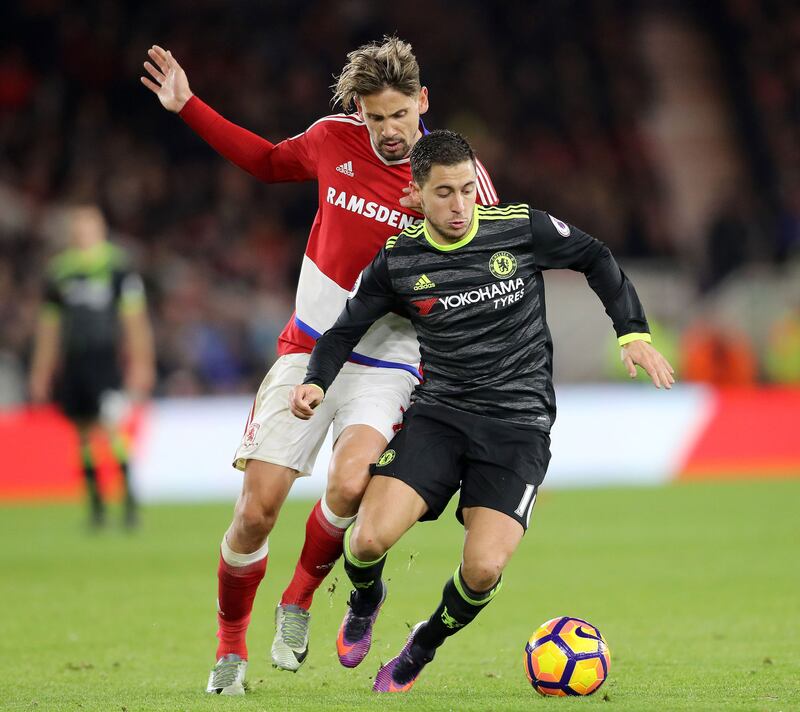 &nbsp;Middlesbrough's Gaston Ramirez (left) and Chelsea's Eden Hazard (right) battle for the ball during the Premier League match at The Riverside Stadium, Middlesbrough