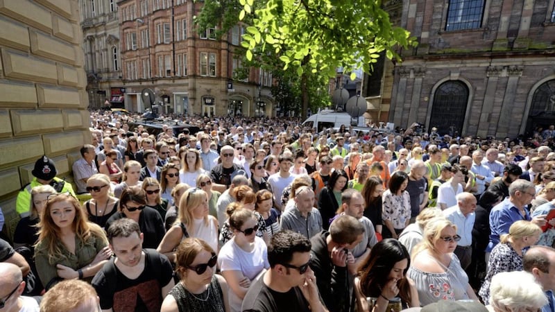 People observe a minute&#39;s silence in St Ann&#39;s Square, Manchester, to remember the victims of the terror attack in the city earlier this week PICTURE: Ben Birchall/PA 