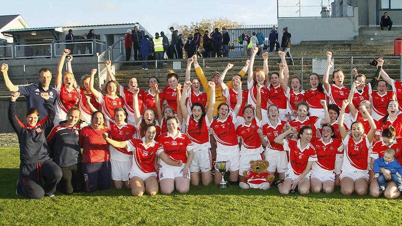 The victorious Donaghmoyne ladies' football team celebrate their Ulster title success against Termon<br /> Picture: Jim Dunne