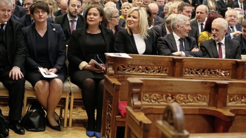 Peacemakers, or an embarrassment? DUP leader Arlene Foster sat beside Sinn F&eacute;in&#39;s Mary Lou McDonald and Michelle O&#39;Neill at Lyra McKee&#39;s funeral in Belfast on Wednesday. Picture by Brian Lawless/PA Wire 