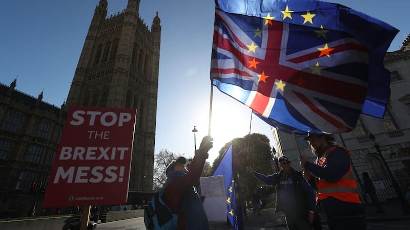 Anti-Brexit campaigners outside the Houses of Parliament in London (Jonathan Brady/PA)