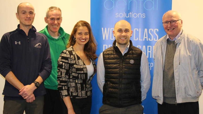 Adrian Boyle (manager of Foyle Arena), Cathal McLaughlin (chairman of Derry Track Club), Diana Casalins (Dental Solutions), Ciaran Gillan (Dental Solutions) and Richie Kelly at the launch of the Dental Solutions 5K, which takes place in Derry on April 15&nbsp;